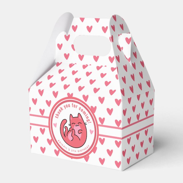 Cute Pink Cat Cartoon - Personalized Kids Birthday Favor Boxes (Front Side)
