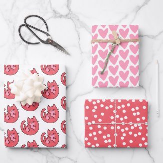 Cute Pink Cat Cartoon, Polkadots & Hearts Kids Wrapping Paper Sheets