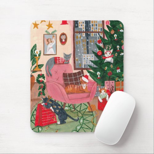 Cute pink cat Christmas illustration  Mouse Pad