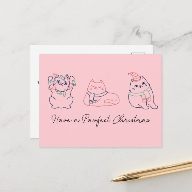 Cute Pink Cat Christmas Thank you Postcard (Front/Back In Situ)