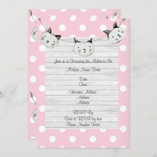 Cute Pink Cat Girl Polka Dot Rustic Baby Shower Invitation