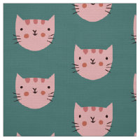 Cute Pink Cat Green Pattern Fabric