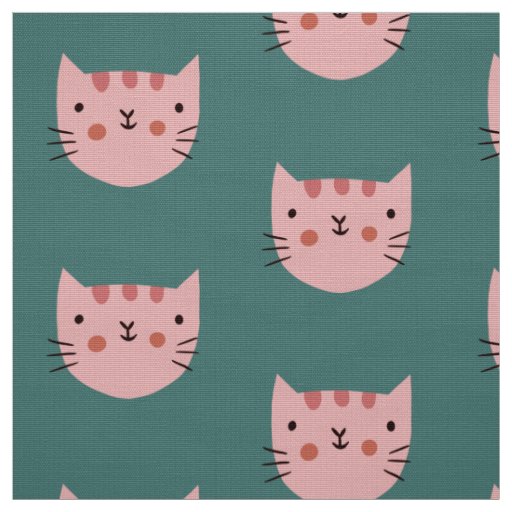 Cute Pink Cat Green Pattern Fabric
