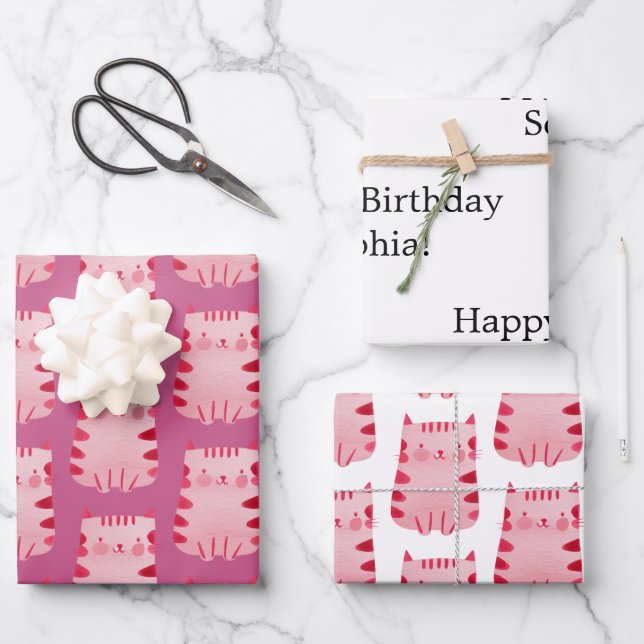 Cute Pink Cat Happy Birthday Personalized Wrapping Paper Sheets (Front)