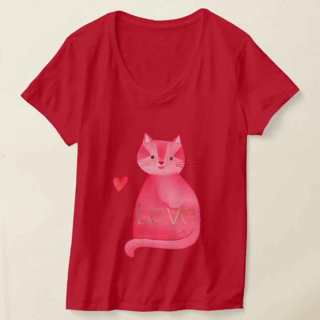 Cute Pink Cat Heart Gold Love T-Shirt (Laydown)
