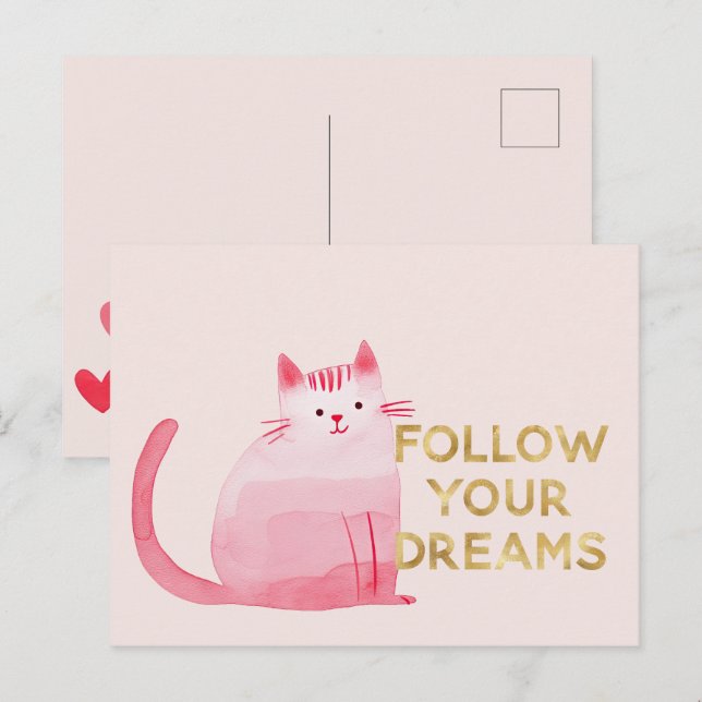 Cute Pink Cat Hearts Gold Follow Dreams Postcard (Front/Back)