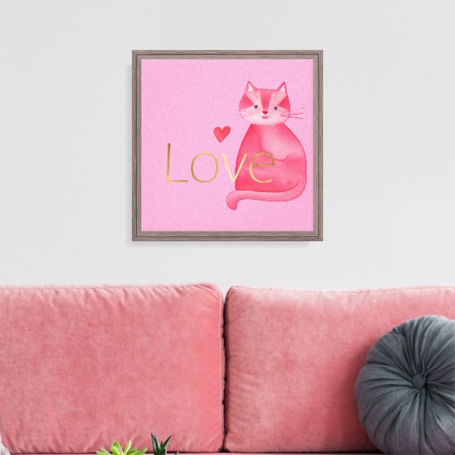 Cute Pink Cat Hearts Gold Love Canvas Print (Insitu(LivingRoom))