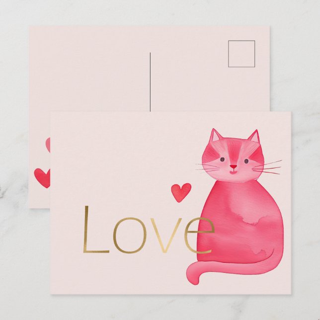 Cute Pink Cat Hearts Gold Love Postcard (Front/Back)