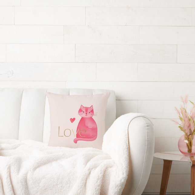 Cute Pink Cat Hearts Gold Love Throw Pillow (Couch)