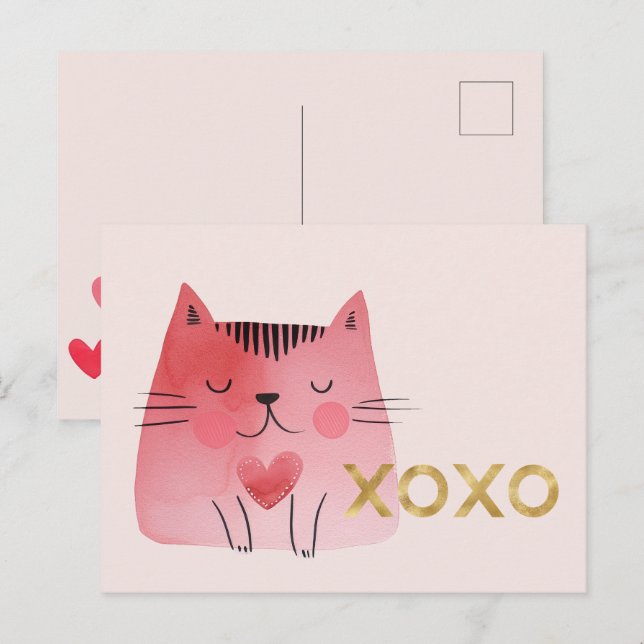 Cute Pink Cat Hearts Gold XOXO Postcard (Front/Back)