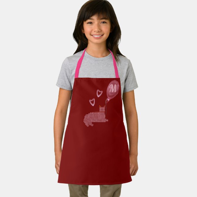 Cute Pink Cat Hearts  Monogrammed Apron (Insitu)