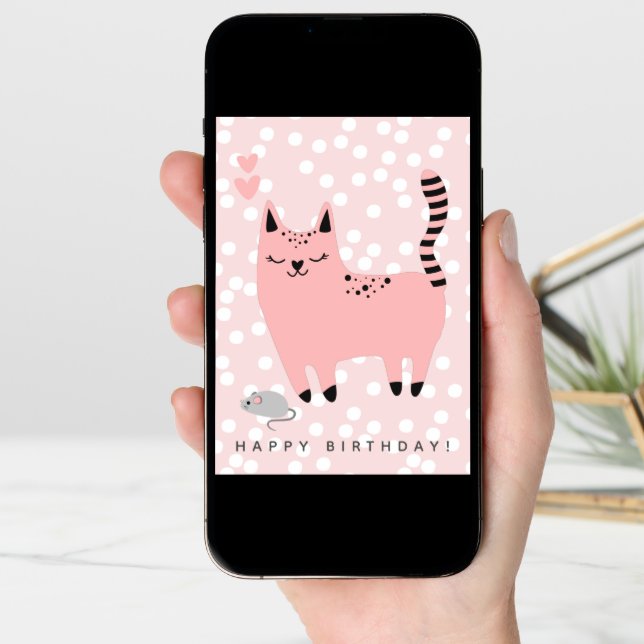 Cute Pink Cat Kids Birthday  Card (Front Digital)