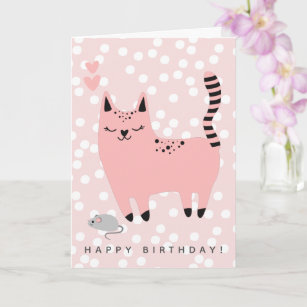 Cute Pink Cat Kids Birthday  Card