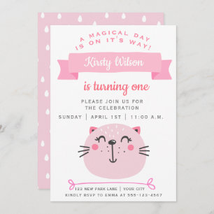 Cute Pink Cat Kids Birthday Invitation