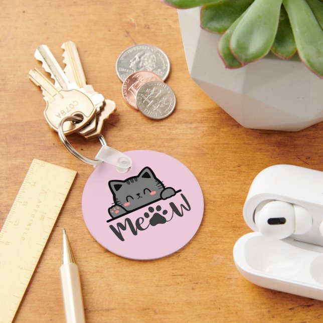 Cute Pink Cat Meow Keychain for Cat Lovers (Desk)