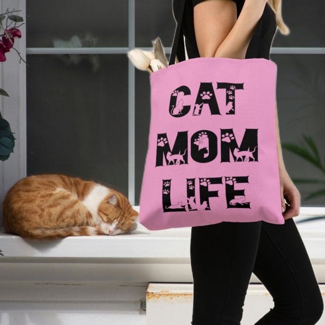 Cute Pink Cat Mom Life Modern Chic Mother's Day Tote Bag (Creator Uploaded)