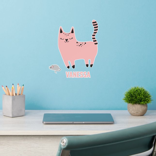 Cute Pink Cat - Nursery or Kids Bedroom Wall Decal (Home Office 2)