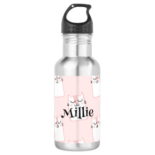 Cute Pink Cat Pattern Girls Name School Stainless Steel Water Bottle