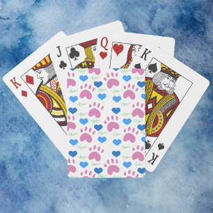 Cute Pink Cat Paw Prints Blue Hearts Meow Poker Cards