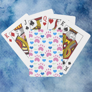 Cute Pink Cat Paw Prints Blue Hearts Meow Poker Cards