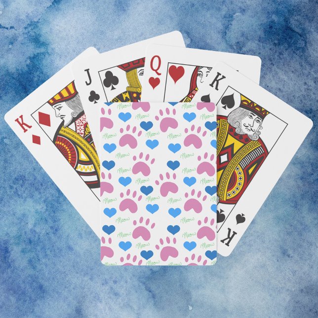 Cute Pink Cat Paw Prints Blue Hearts Meow Poker Cards (A deck of playing cards with a pattern of paw prints, hearts and meows.)