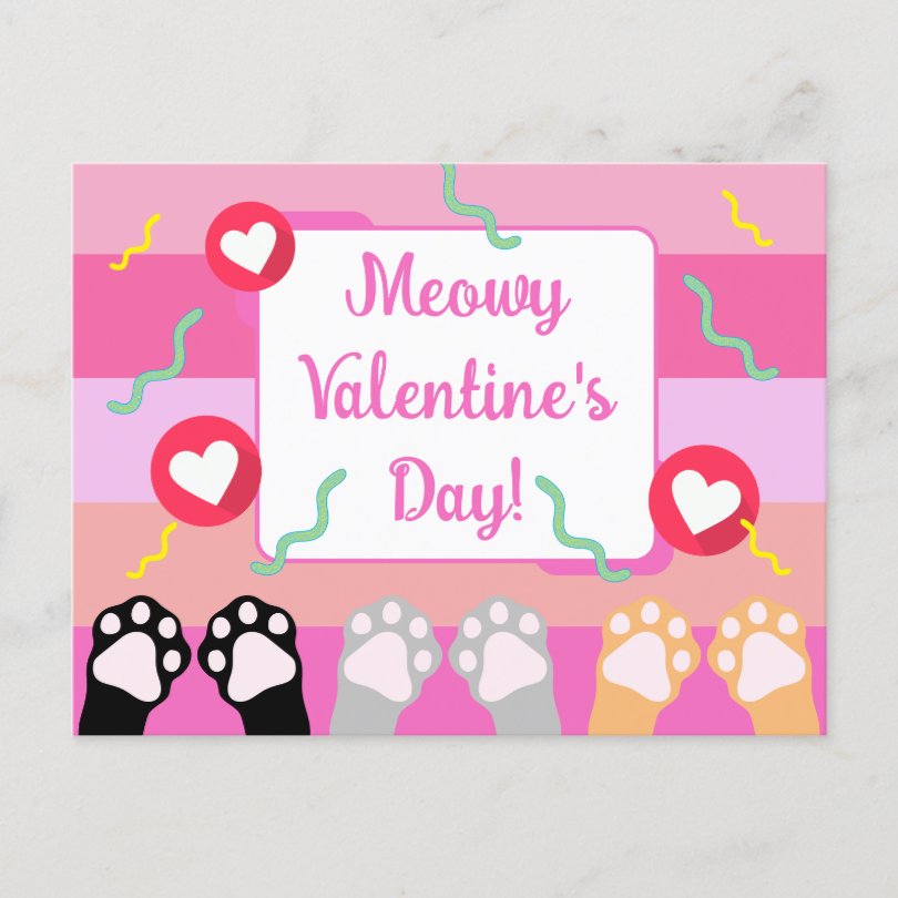 Cute Pink Cat Paws Up Happy Valentines Day Holiday Postcard