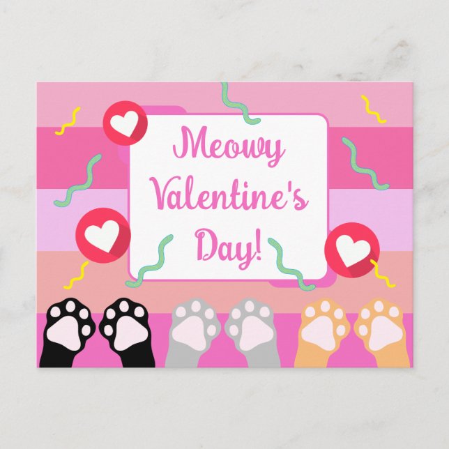 Cute Pink Cat Paws Up Happy Valentines Day   Holiday Postcard (Front)