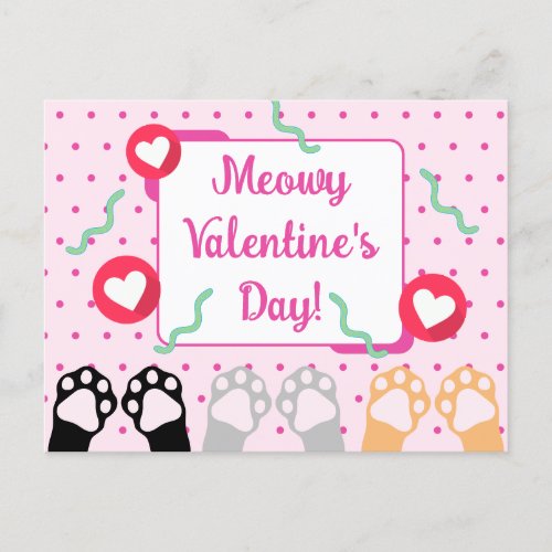 Cute Pink Cat Paws Up Happy Valentines Day Holiday Postcard