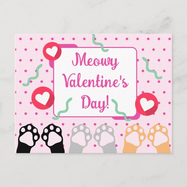 Cute Pink Cat Paws Up Happy Valentines Day Holiday Postcard (Front)