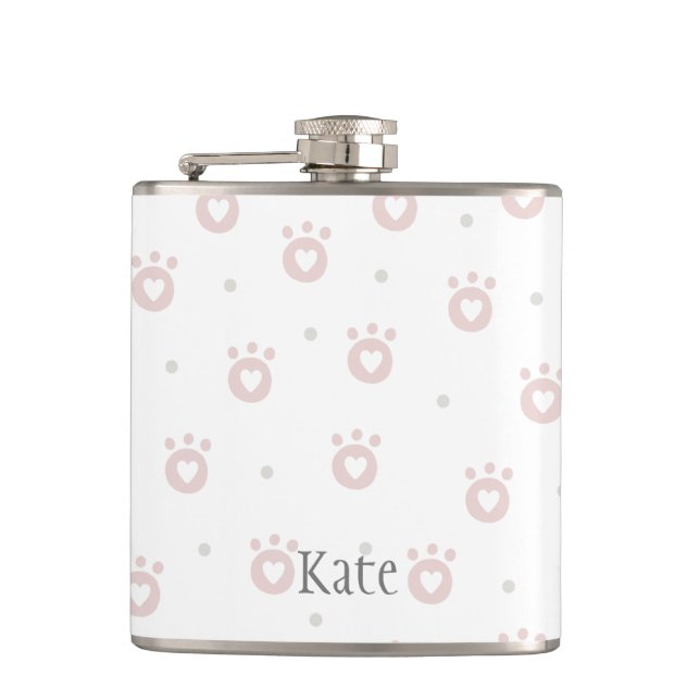Cute Pink Cat Paws with Hearts |  Personalized Flask (Front)