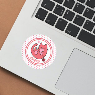 Cute Pink Cat Personalized Kids Classic Round Sticker