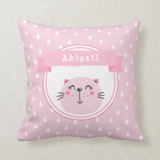 Cute Pink Cat  - Personalized Kids or Nursery Throw Pillow