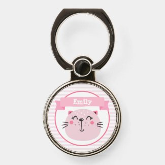 Cute Pink Cat - Personalized Kids Phone Ring Stand