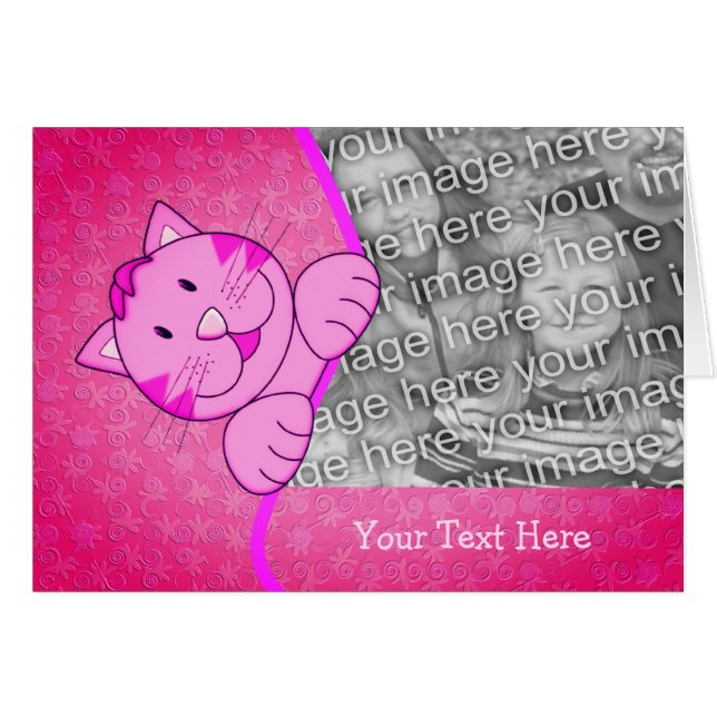 Cute Pink Cat Personalized Photo Card (Front Horizontal)