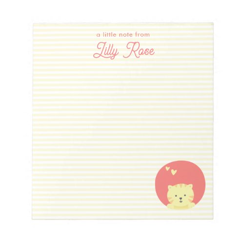 Cute Pink Cat Personalized Yellow Striped Girls  Notepad