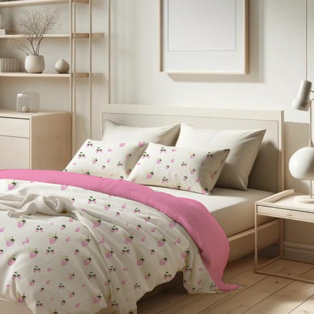 Cute Pink Cat Strawberry Botanical Pattern Duvet Cover (Creator Uploaded)
