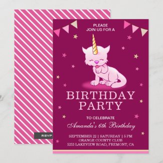 Cute Pink Cat Unicorn Birthday Party Invitation