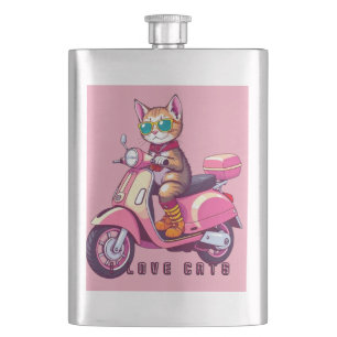 Cute pink cat with eyeglass and motorcycle flask
