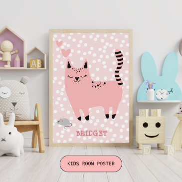 Cute Pink Cat with Polkadots Kids Bedroom
