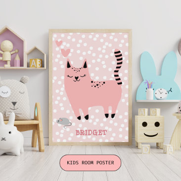 Cute Pink Cat with Polkadots Kids Bedroom