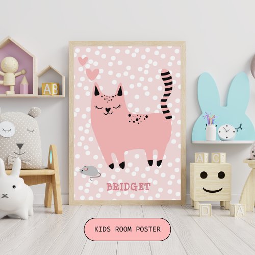 Cute Pink Cat with Polkadots Kids Bedroom Poster