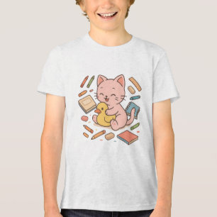 Cute Pink Cat with Rubber Duck Art Tri-Blend Shirt