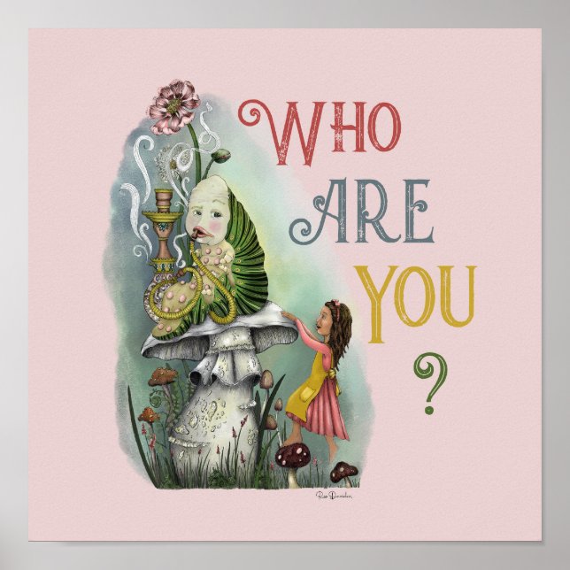 Cute Pink Caterpillar in Alice in Wonderland Art Poster (Front)