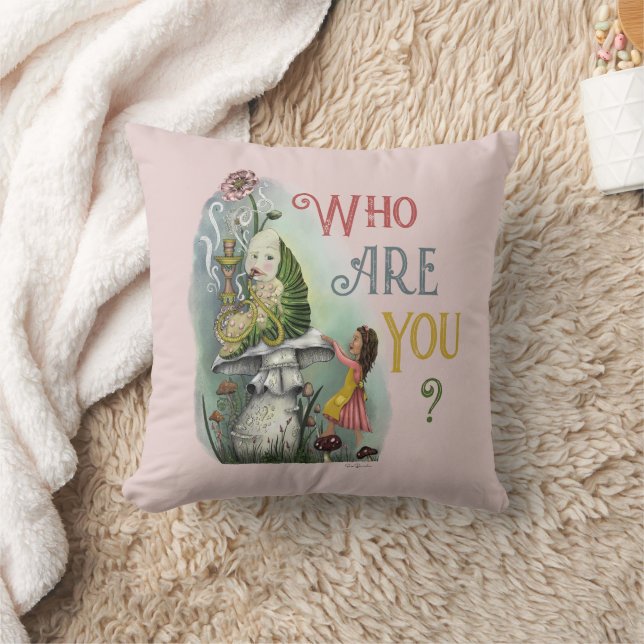 Cute Pink Caterpillar in Alice in Wonderland Art Throw Pillow (Blanket)