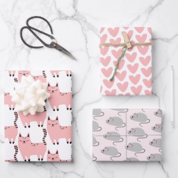 Cute Pink Cats, Hearts and Mouses