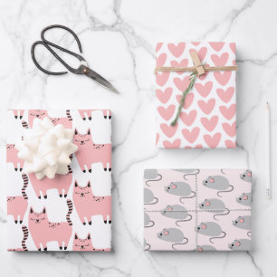 Cute Pink Cats, Hearts and Mouses Wrapping Paper Sheets