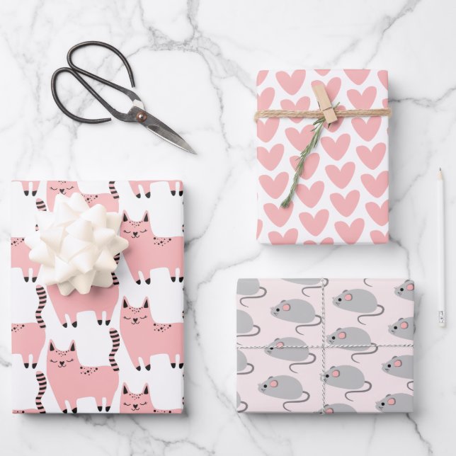 Cute Pink Cats, Hearts and Mouses Wrapping Paper Sheets (Front)