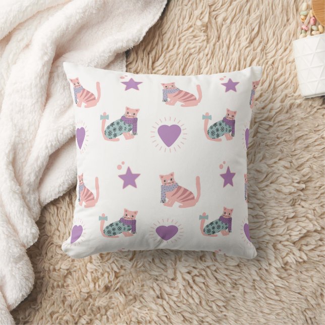 Cute pink cats with hearts and stars pattern throw pillow (Blanket)