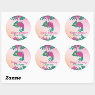 Cute Pink chameleon Floral Animals Birthday girls Classic Round Sticker