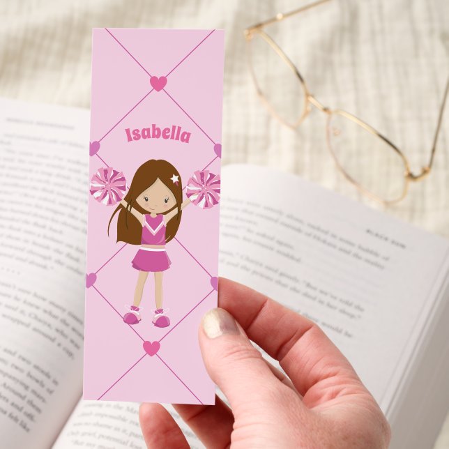 Cute Pink Cheerleader Personalized Kids Bookmarks (Hand)